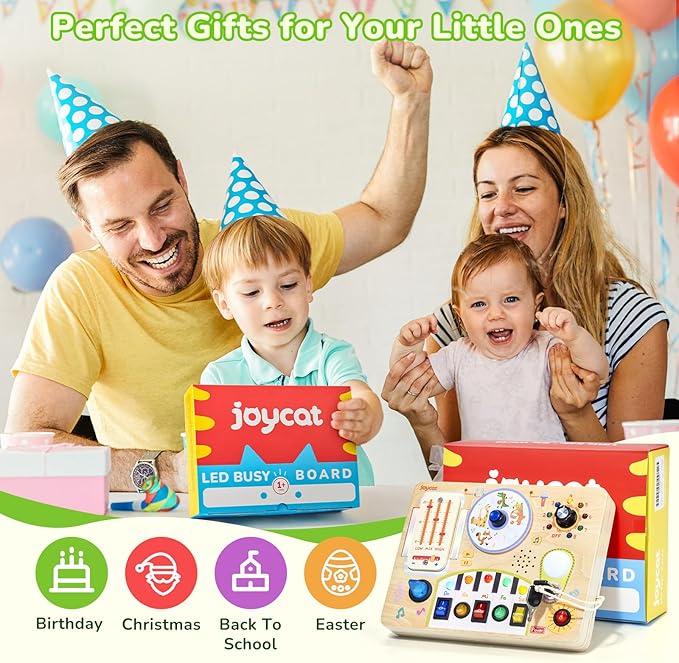 JoyCat Busy Board with Led Light, Toddler Toys for 1 2 3 4 Year Old Boys and Girls, Wooden Sensory Toys with Music, Travel Toy for Toddlers 1-3, Birthday Presents (Yellow)