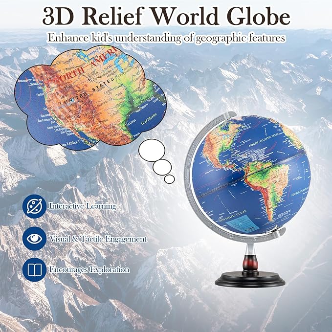 12" Illuminated World Globe, Desktop Globe with Raised Relief, LED Lights, Time Zone & Non-Slip Wooden Base, Geographic Terrain Globes for Decoration & Living Room (Navy)