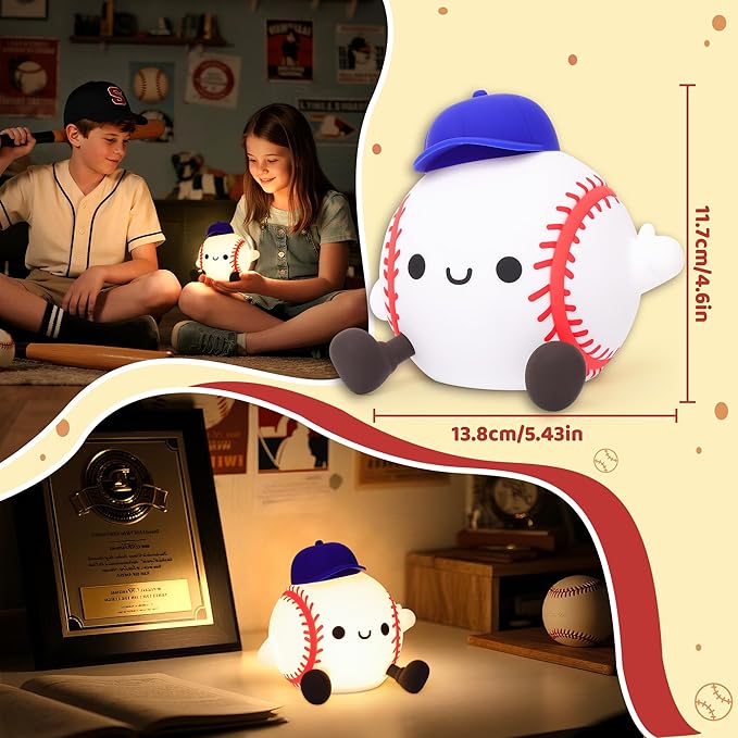 Attivilife Baseball Night Light, Baseball Gifts for Boys, Soft Silicone Nursery Bedroom Bedside Decor Dimmable Rechargeable LED Touch Lamp, Baby Kid Teen Sport Lover Athlete Birthday Christmas Gifts