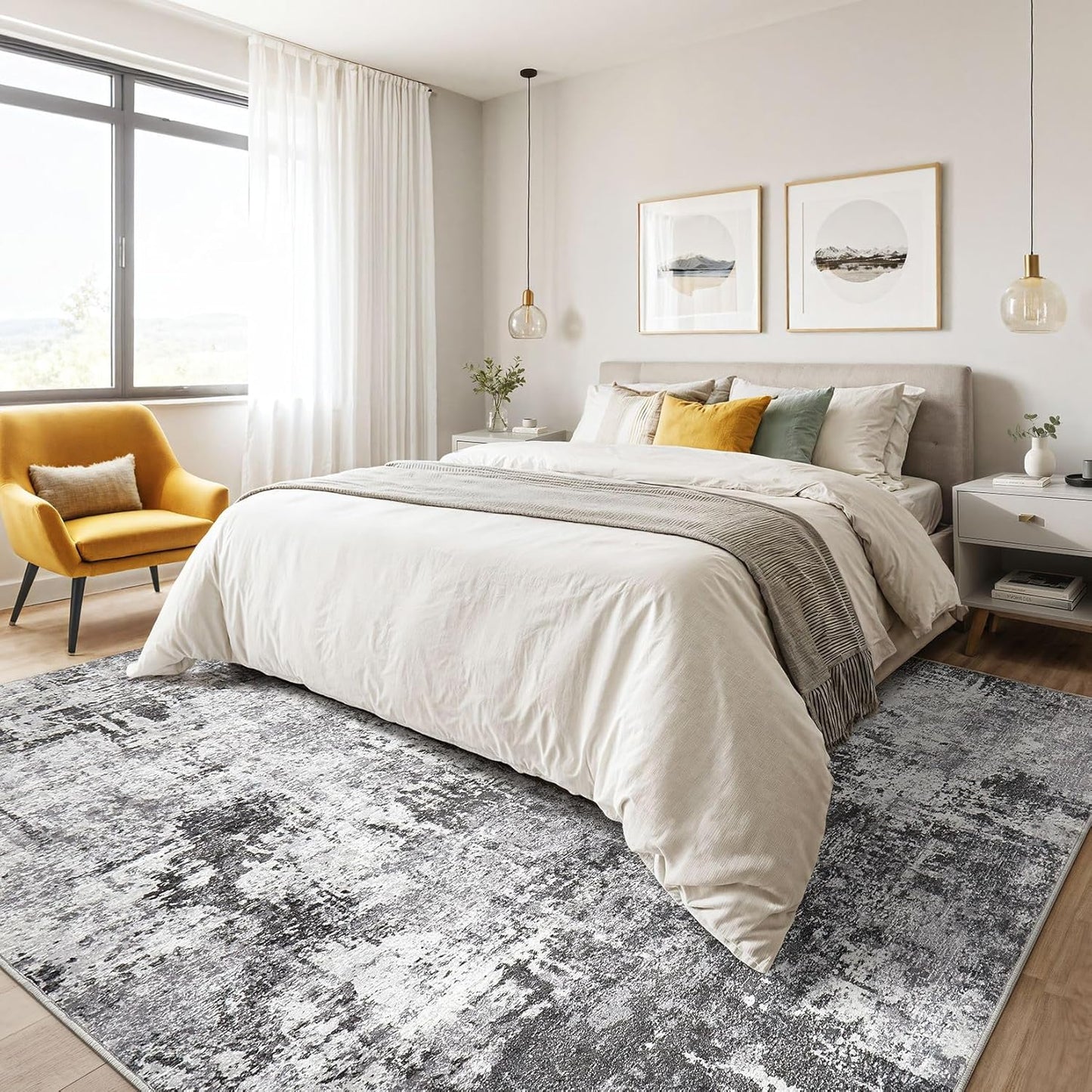 9x12 Area Rug Living Room: Washable Large Abstract Modern Soft Stain Resistant Indoor Floor Rugs Non Slip Accent Carpet for Bedroom Nursery Playroom Office Dining Room Dorm Home House- Black Grey