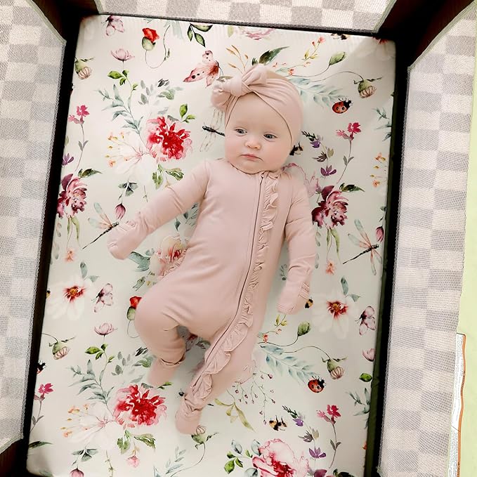 Fitted Pack n Play Sheets Set 2 Pack, Stretchy Ultra Soft Jersey Knit Portable/Mini Crib Sheets for Girls, Universal Fit for Pack N Plays Safe and Snug, Beautiful Flowers and Insects Pattern for Baby