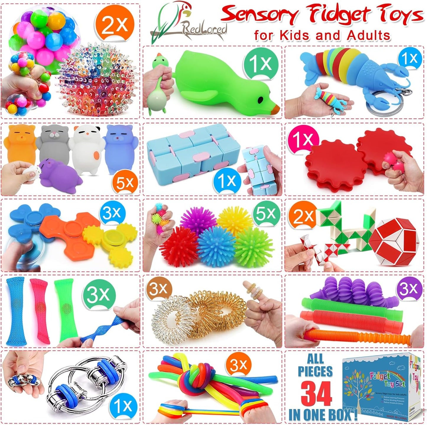 Fidget Toys Pack, 34 Pcs Stress Relief Sensory Toys for Boys Girls Kids Adults ADHD OCD Anxiety Autism, Treasure Box Toys for Classroom Rewards Prizes Carnival Prizes Birthday Party Favors