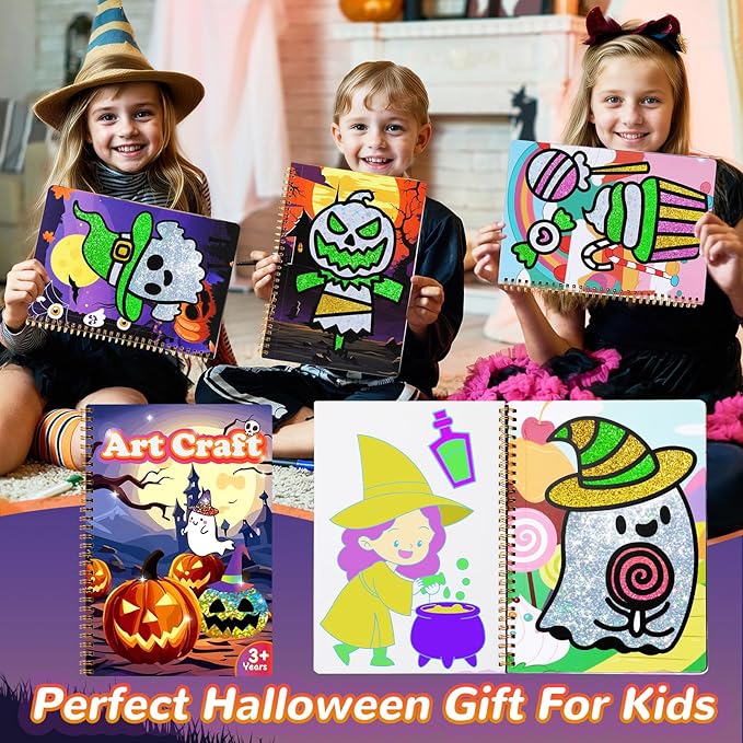 JULEASEL Halloween Foil Paper Arts and Crafts Kits, DIY Halloween Arts and Crafts for Kids, No Mess Foil and Coloring Books, Creative Spooky Art Gifts for Boys Girls Ages 4+