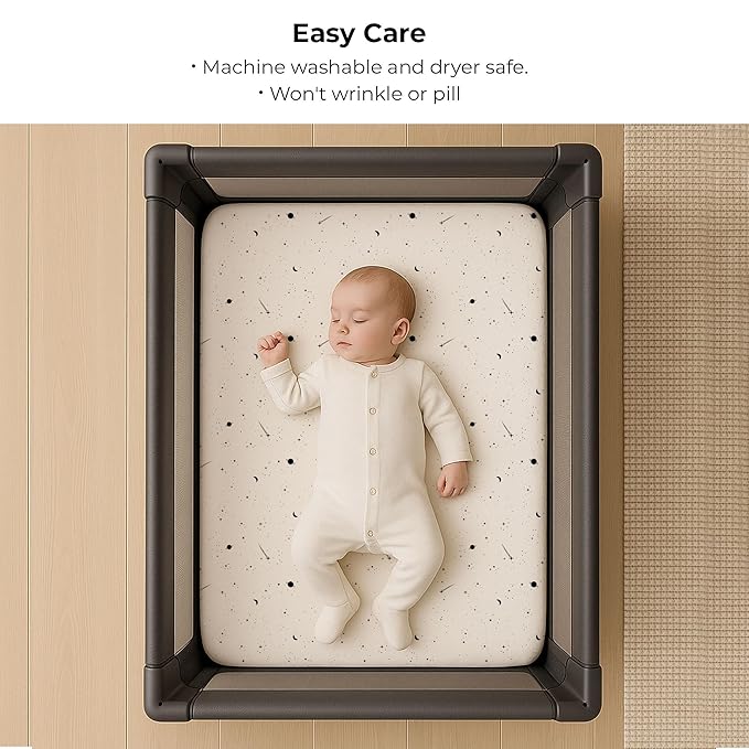 Ely’s & Co. Pack and Play Sheets, for Mini/Portable Crib, 2 Pack Fitted Playpen Play Yard Sheet Set Compatible with Graco Pack n Play, 100% Cotton, Black and White Celestial, 38”x24”x5”