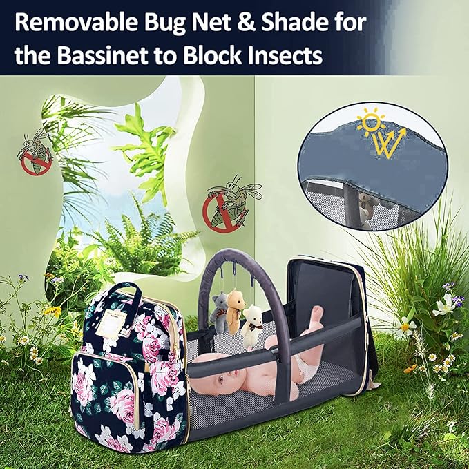 Diaper Bag Backpack Waterproof Baby Bag Large Capacity Multifunction Nappy Bags Floral Insulated Durable Travel Maternity Back Pack with Changing Station for Baby （Black）