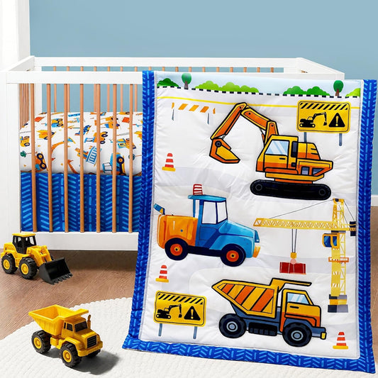 3 Piece Baby Boy Crib Bedding Set Construction Theme Baby Comforter Set for Crib Nursery Bed Set Decor with Fitted Crib Sheet, Comforter and Skirt for Boys Girls (Construction)
