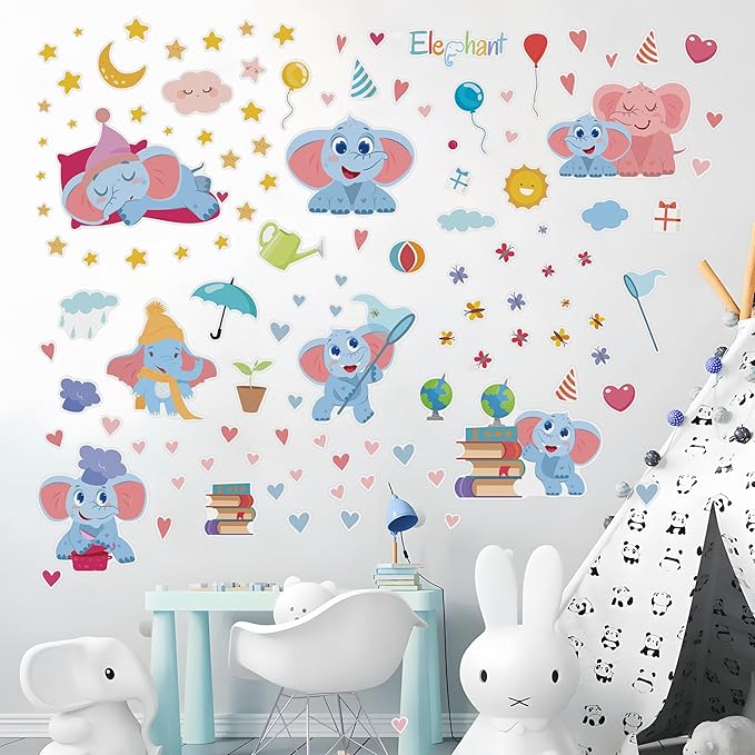 Glow in The Dark Cute Elephants Wall Decals, Animal Star Stickers for Baby Girls Boys Room, Luminous Ceiling Decor for Bedroom Playroom Nursery