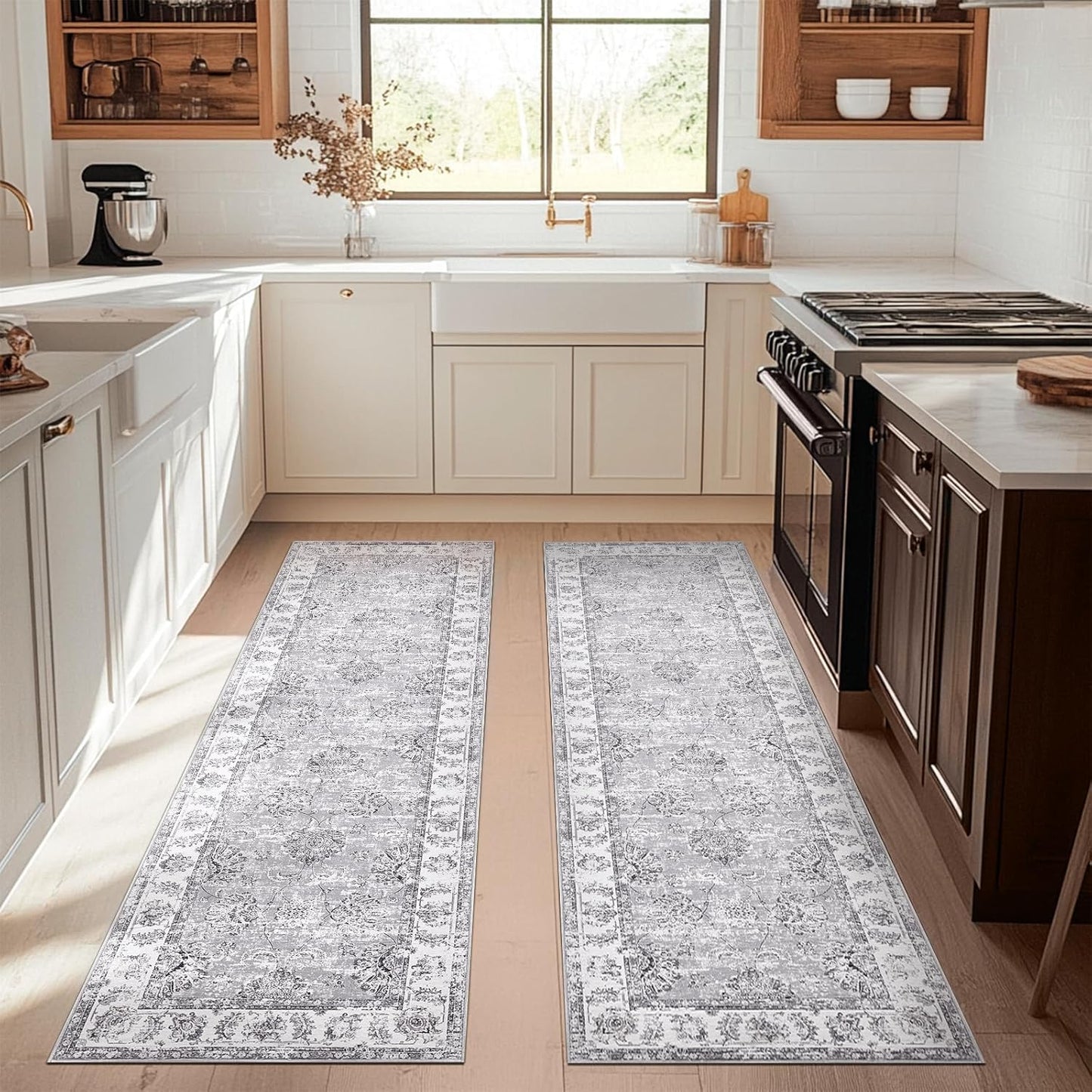 jinchan Runner Rug 3x8-2pcs Kitchen Washable Vintage Rug Hallway RugFloral Print Floor Cover Indoor Thin Retro Mat Accent for Bathroom Laundry Room Bedroom Office Farmhouse (Double,Grey)