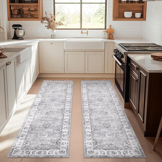 jinchan Runner Rug 3x8-2pcs Kitchen Washable Vintage Rug Hallway RugFloral Print Floor Cover Indoor Thin Retro Mat Accent for Bathroom Laundry Room Bedroom Office Farmhouse (Double,Grey)