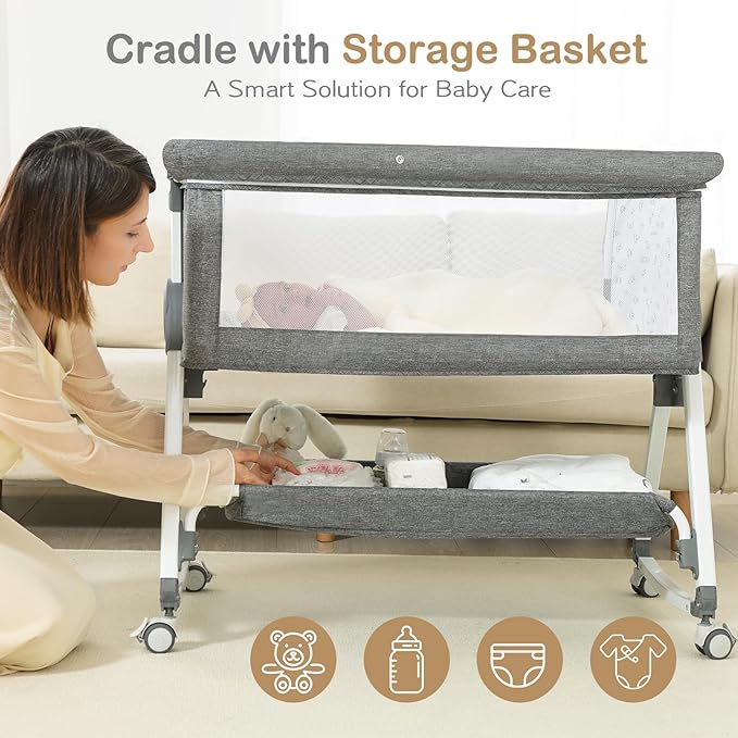 Baby Bassinet, Bedside Bassinet for Baby, 4 in 1 Bassinet Bedside Sleeper with Locked Wheels, Mosquito Net, Adjustable Easy Folding Portable Crib for Infant Newborn, Grey