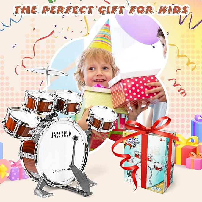Toy Drum Set for Kids Toddler Jazz Drum Kit with 5 Drums Percussion Musical Instruments Toys for 3 4 5 Year Old Boys Girls Gifts Ages 3-5