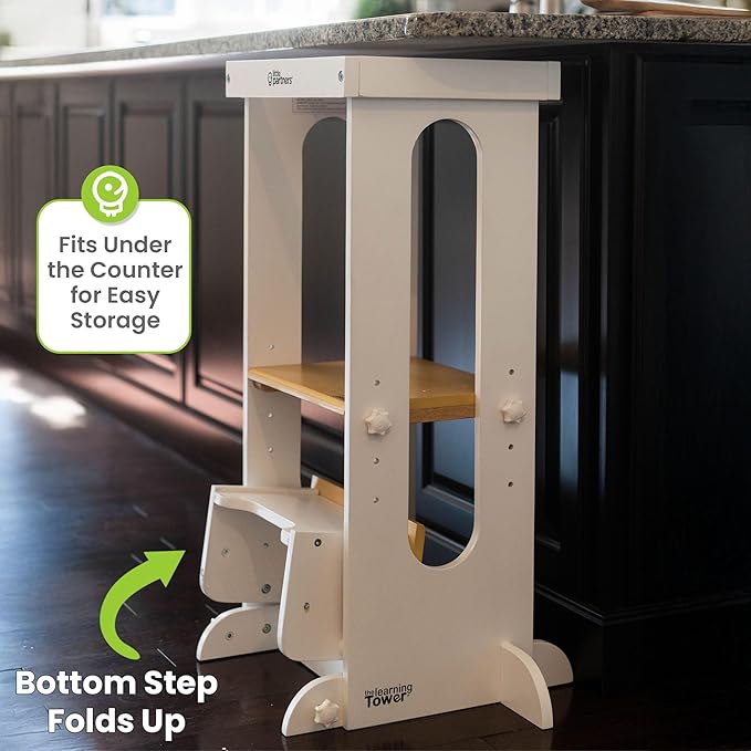 Little Partners Foldable Toddler Tower, Learning Tower Explore 'N Store Montessori Standing Kitchen Tower with Folding Step Stool Platform for Cooking and Learning, Ages 2+ (White w/Natural)