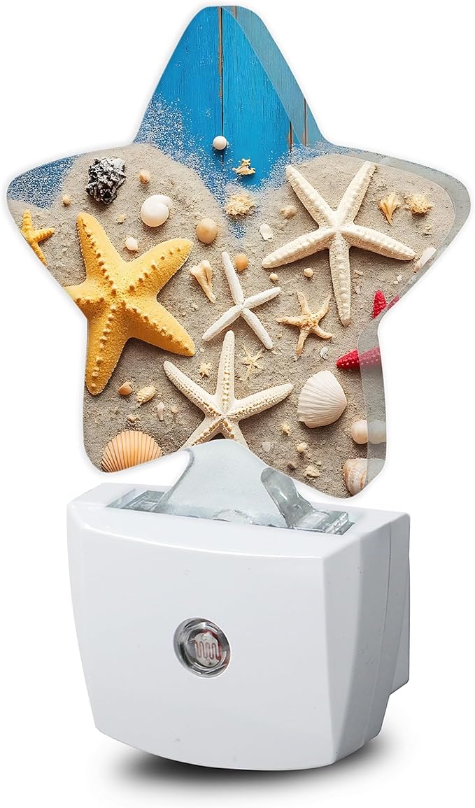 Coastal Seashell Starfish Night Lights Plug Into Wall,Blue Wooden Star Night Light for Kids,Nightlight with Dusk to Dawn Smart Sensor for Bedroom Bathroom Decor,Children Women Men Gift