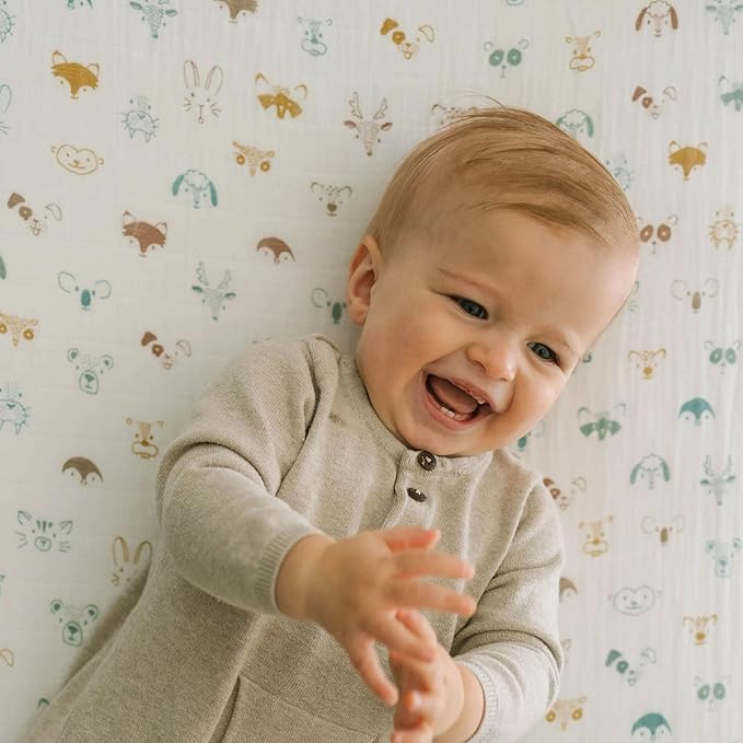 Little Unicorn Premium Crib Sheet | Breathable & Super-Soft Muslin Fabric (Animal Crowd)