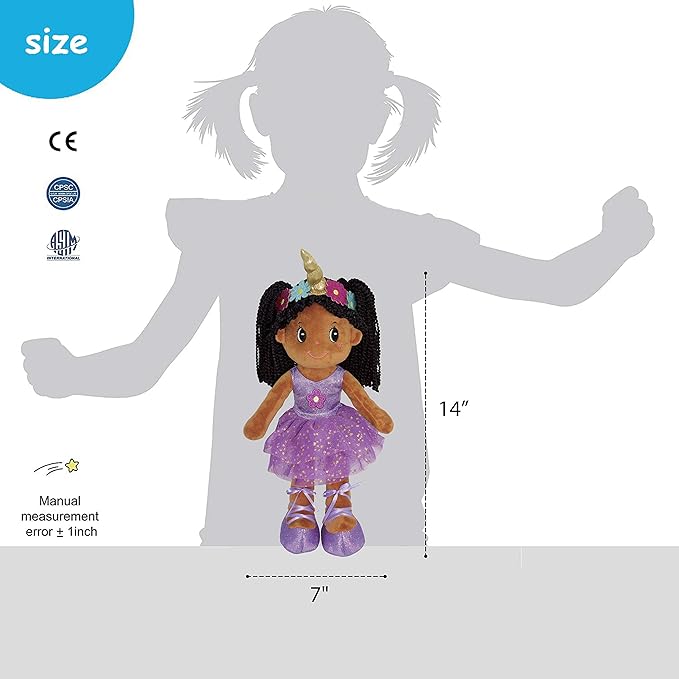 June Garden 14" Ballerina Rag Doll Ella - Plush Soft Doll for Little Girls - Purple Dress