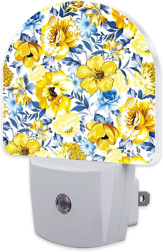 Retro Yellow Blue Flowers Night Light, Watercolor Floral Dusk to Dawn Night Light Plug in,0.5w Energy Saving Sleep Friendly NightLight for Kids Boys Girls Home Decor