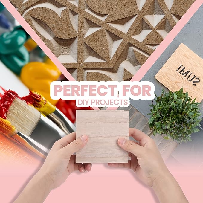 (12-Pack) - 4” x 4” Wooden Blocks for Crafts - 1-Inch Thick Square MDF Blocks - Smooth Surface with Wood Grain Pattern - Highly Customizable Blank Wood Squares