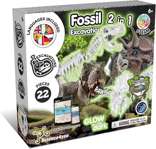Science4you Dinosaur Fossil Excavation Kit 2 in 1 - Glow-in-The-Dark Fossil Digging Kit for Kids, Build 2 Dinosaur Fossils, 22 Pieces, Archeology Set - Dinosaur Toys, Games for Boys and Girls Age 6+