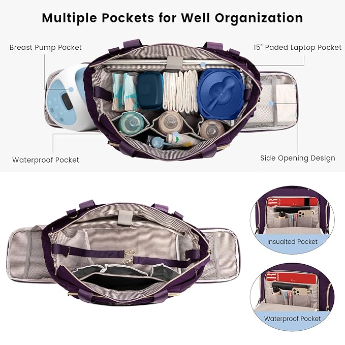 LOVEVOOK Breast Pump Bag, Diaper Bag Tote 3Pcs Set, Work Bag for Breastfeeding Mom with 15" Laptop Pocket, Cooler Bag & Changing Pad Fit Most Breast Pumps Like Spectra S1/S2, Medela, Rainyb, Elvie