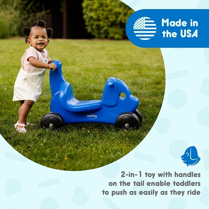 CarePlay Puppy Ride-On Toy, 2-in-1 Design with Push Handles, Walker & Ride-On Toys for Toddlers, 1-3 Year Old Boys & Girls, Low Seat, Durable Polyethylene Body, 50 lbs Capacity, Blue