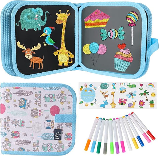 Erasable Kids' Doodle Set, Magic Drawing Book, Reusable 12 Watercolor Pens, 14 Page Car Game Set (Owl Blue)