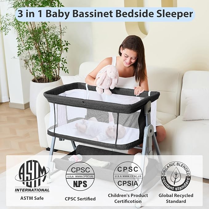 3-in-1 Baby Bassinet Bedside Sleeper with Wheels Bedside Bassinet for Newborn and Infant with Mattress and Storage Basket | Adjustable Height & Angle (13.5-18") | ASTM/CPSIA Certified (Black)