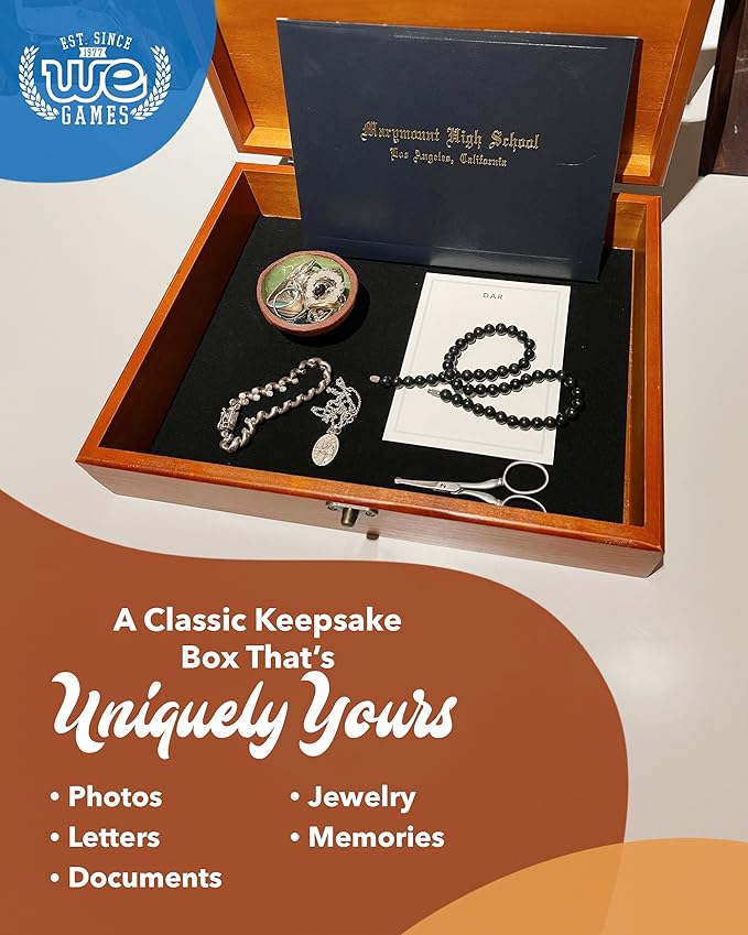 WE Games Wooden Memory Box for Keepsakes – Vintage Decorative Storage Box with Lid - Light Cherry Finish with Image Color Print