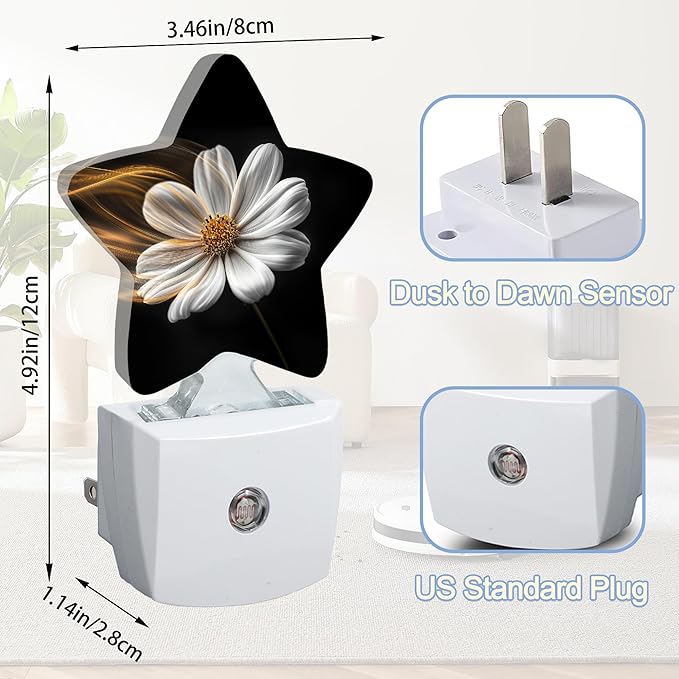White Daisy Flower Dusk to Dawn Star Night Light,Abstract Floral Smart Sensor Nightlight for Bedroom Kitchen Hallway Stairs,Plug-in Energy Efficient Decor Desk Lamp Women Men Gifts