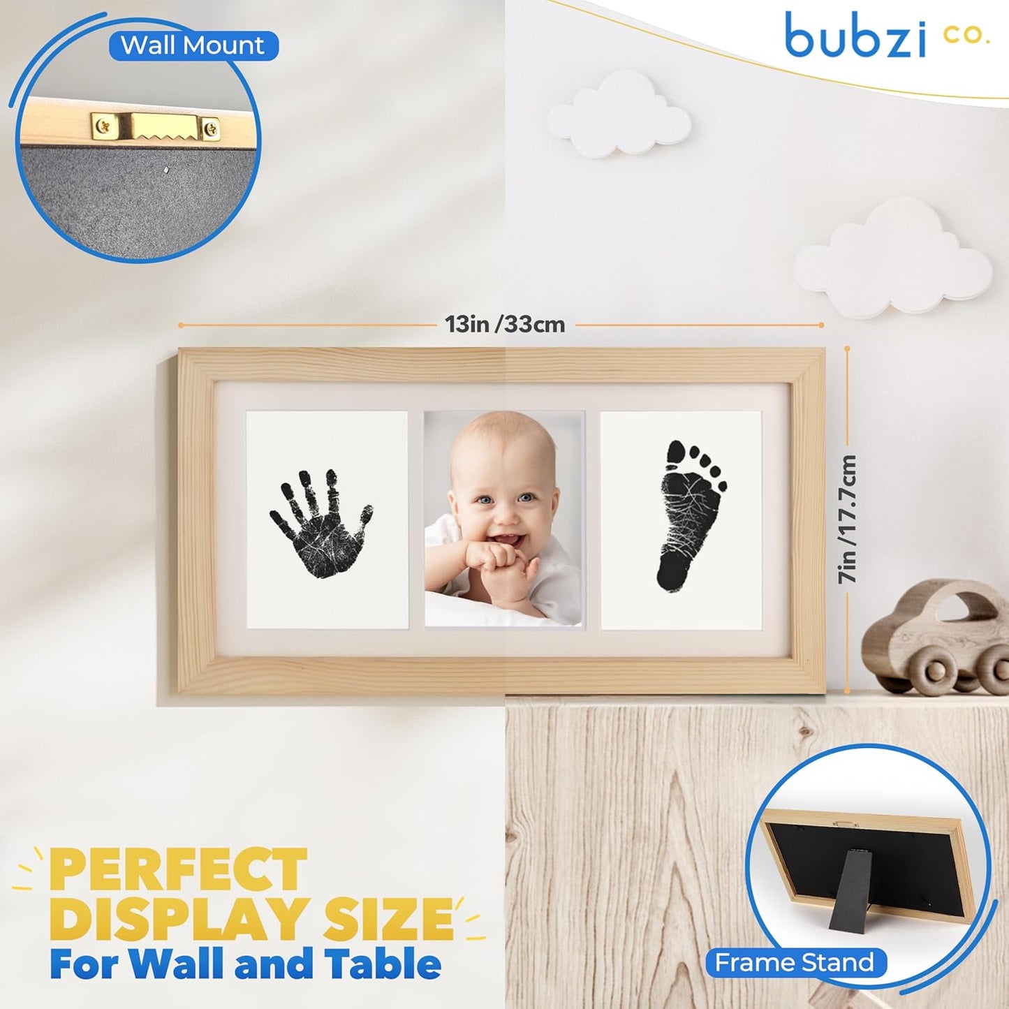Bubzi Co Baby Handprint Kit & Footprint Photo Frame for Newborn Girls and Boys, Unique Baby Shower Gifts Set for Registry, Memorable Keepsake Decorations for Room Wall or Nursery Decor (Natural Wood)