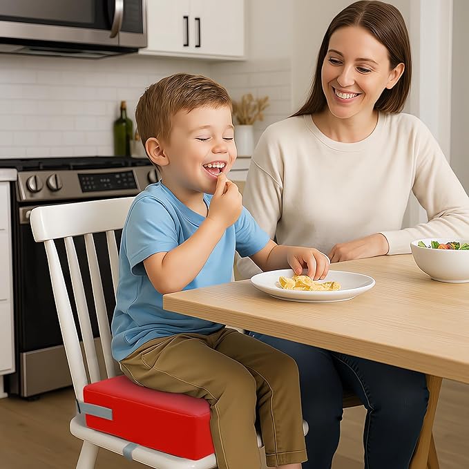 Toddler Booster Seat for Dining Table, 2 Elastic Seat Belts, Anti Scratch PU Skin-Friendly, Waterproof, Anti-Wrinkle, Detachable Non-Slip Bottom - Red