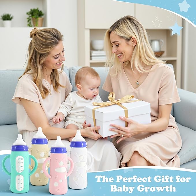 4-Pack Silicone Sleeves for Lansinoh Glass Bottles 8 oz- Starry Sky Design Baby Bottle Holder with Handles,Protectors for Lansinoh Natural Wave Glass Bottles, Anti-Scald Feeding Supplies