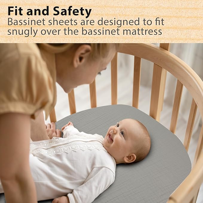3-Pack Organic Muslin Bassinet Fitted Sheets, Compatible with Halo, Snoo, Graco, Dream On Me, Delta, and Other Standard Size Bassinets - Fits Oval, Hourglass, & Rectangle Shapes (32 x 16 x 4 Inches)