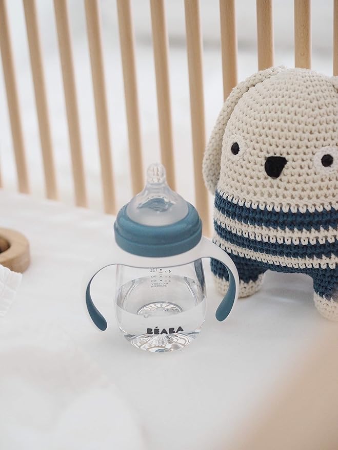 BEABA 2-in-1 Baby Bottle to Transition Sippy Cup, No Spill Sippy Cup, Includes Removable Handles, Silicone Baby Bottle Nipple and Soft Spout, 7 oz (Rain)