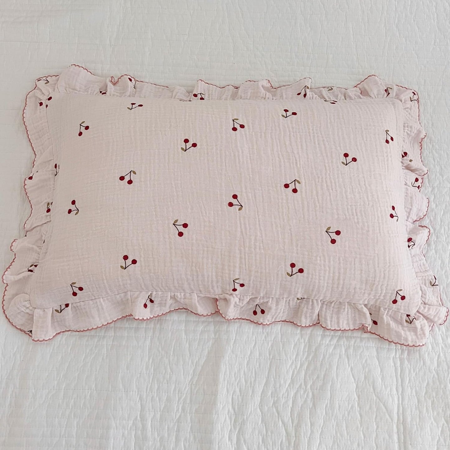 BuLuTu Cotton Muslin Kids Toddler Pillowcase Cherry Pattern, Soft Travel Pillow Ruffle Edge Nursery Pillow Case for Boys Girls, Bedding Decor, Durable Pillowcases 14"x20", 1 Piece