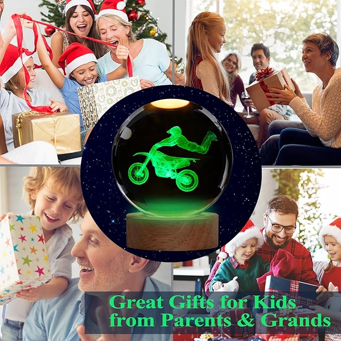 Dirtbike Night Light, Dirtbike Gifts, 3D Crystal Ball Dirtbike Lamp with Remote Upgraded 3.15 Inch with 16 Color for Birthday Xmas Cool Figurines Motorbike Gifts for Room Decor Boys Girls