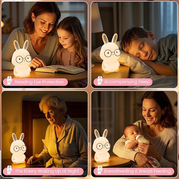 Bunny Night Light for Kids, Soft Silicone Nursery Lamp, 7-Color Glow, 3-Level Dimmable Warm Light, Tap Control, 30Min Timer, Rechargeable, BPA-Free, Easter & Birthday Gift, Baby Room Decor, Gray