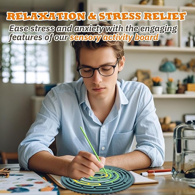 Sensory Activity Board for Kids 3 & Adults: Silicone Fidget Toys for ADHD & Autism, Calming Stress Anxiety, with Travel Bag & 12 Strings