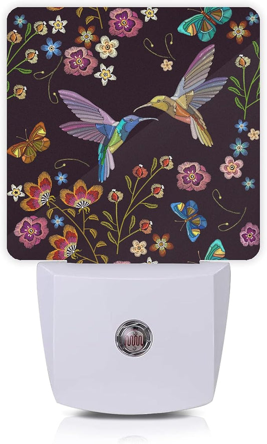 Vintage Hummingbird Butterfly Flowers Night Light Plug-in LED Nightlights Auto Sensor Night Lamp Dusk-to-Dawn Lamp Home Decor for Nursery Children Girls Boys