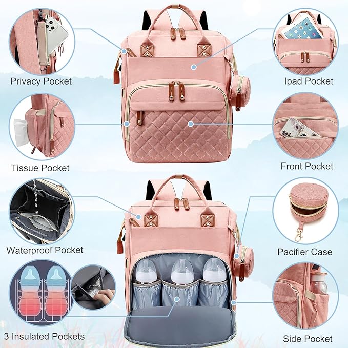 Diaper Bag Backpack Baby Bag, Baby Girl Boy Diaper Bag for Dad Mom with Pad,16 Pockets, Pacifier Case, Large Diaper Bags Unisex for Travel (Orange Pink)