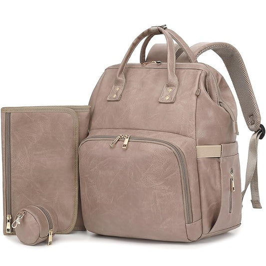 Premium Vegan Leather Diaper Bag Backpack with Waterproof Changing Pad – Reinforced Stitching & Zippers, Baby Bag for Boy Girl, Stroller Straps, Ergonomic Design for Traveling Moms, Taupe