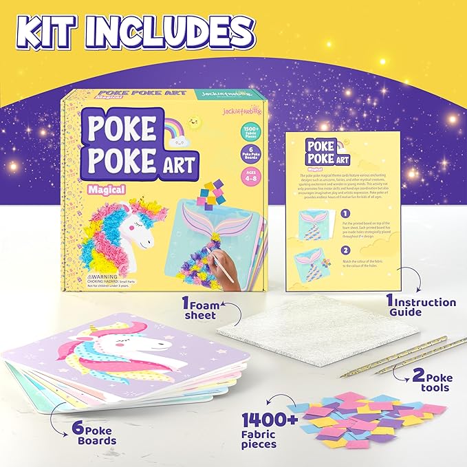 jackinthebox Poke Poke Art – Magical Theme, Mess-Free Fabric Art and Craft, Flower Pressing Kits, Gift for Kids, Girl Gifts, DIY Activity Boy Gift, Toys for Girls and Boys Ages 4 5 6 7 8