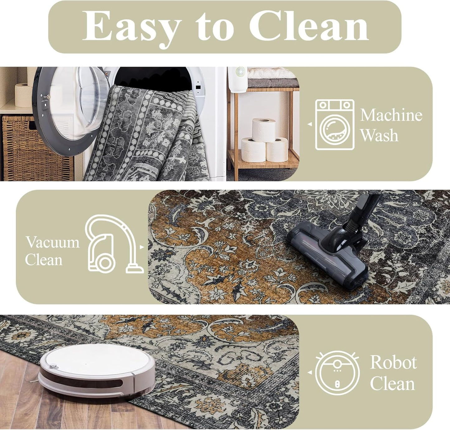 4x6 Washable Area Rug for Living Room, Carpet for Bedroom, Soft Faux Wool Retro Dining Room Rug, Non Slip&Non-Shedding Resistant Low Pile Vintage Print Rug for Home Office (Tan/Gray)