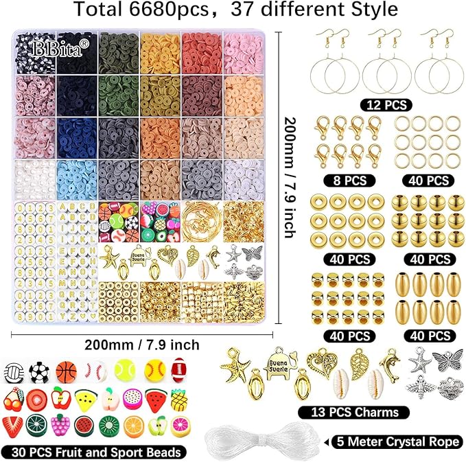BBita 6680Pcs Clay Beads Bracelet Making Kit, Flat Preppy Beads for Friendship Bracelets, Polymer Clay Beads with Charms for Jewelry Earrings Necklaces Making Kit, Crafts Gifts for Girls Ages 6-12