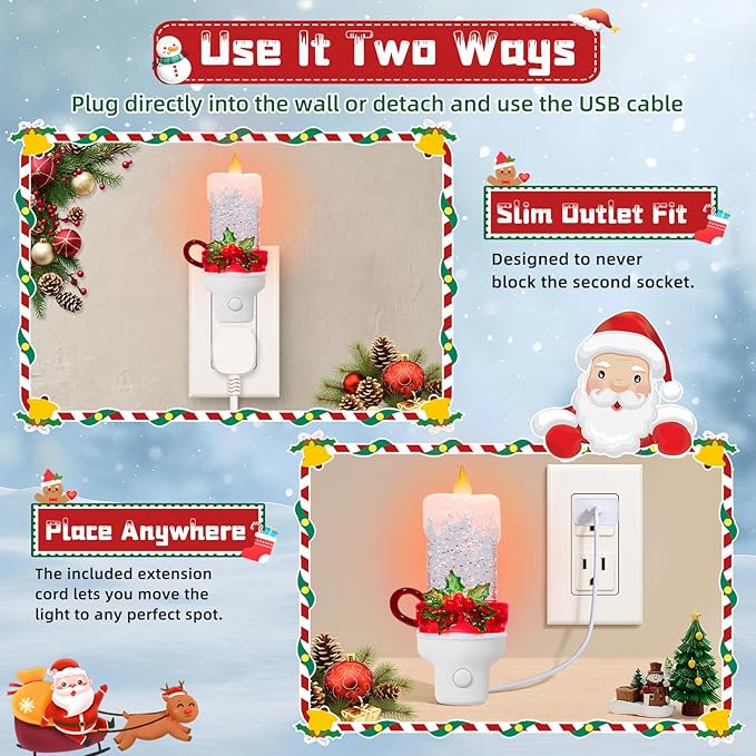 Christmas Candle Night Light Plug into Wall Swirling Glitter USB Portable Christmas Decorative Night Light Decoration for Kids Adults Bedroom Kitchen Living Room Holiday Decor (Candle)