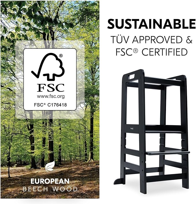 Hauck Learn N Explore Montessori Toddler Tower, Adjustable Wooden Kitchen & Bathroom Step Stool Helper for Home Use with Kids Ages 1+, Black