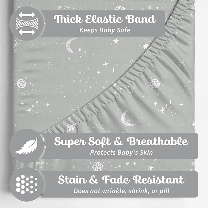 Crib Sheets Neutral - Fitted Baby Crib Sheets Bed for Girl Boy - 2 Pack Standard & Toddler Mattress (Galaxy, Moon, and Stars) - Buttery Soft Organic Cotton Blend