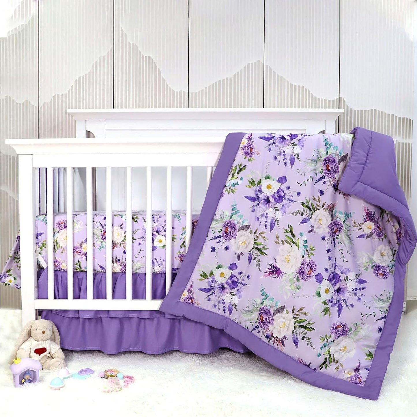 Crib Bedding Set for Girls, Purple Baby Crib Bedding Set 4 Piece, Baby Girl Nursery Bedding Set Including Comforter, Fitted Crib Sheet, Crib Skirt, Diaper Stacker, Floral