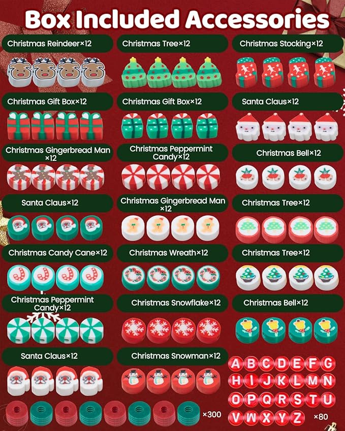 Christmas Polymer Clay Beads, 10mm Heishi Spacer Beads for Jewelry Making, Mixed DIY Crafts Supplies for Bracelet, Necklace, Earrings, Hair Accessories and Holiday Crafts