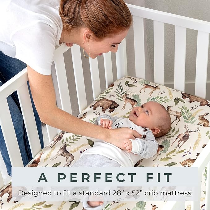Pobibaby - Premium Single Fitted Baby Boy Crib Sheets for Standard Crib Mattress - Ultra-Soft Cotton Blend, Safe and Snug, and Stylish Woodland Crib Sheet (Wildlife Animal)