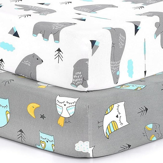 BROLEX Baby Fitted Crib Sheets: Kid Crib Sheets - Set of 2 for Toddler Standard Size Crib Mattress for Boys and Girls - Jersey Knit Crib Bed Sheets Owl Bear